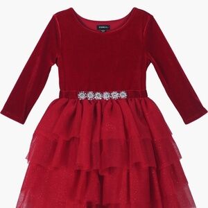 Zunie - Red Stretch Velvet and Tulle Dress with Embellished Ribbon tie at waist